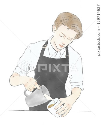 Watercolor-style illustration of a male barista pouring coffee (cafe employee) Watercolor-style illustration of a male barista pouring coffee (cafe employee) 139714627
