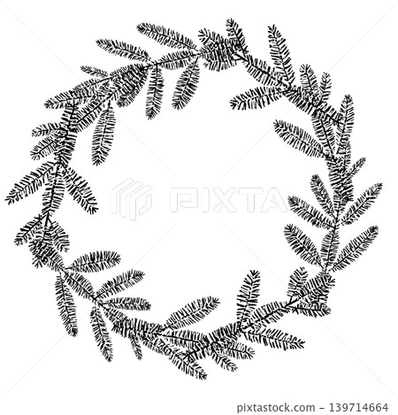 Christmas wreath made of fir trees, monochrome, round frame, transparent background. Christmas wreath made of fir trees, monochrome, round frame, transparent background. 139714664