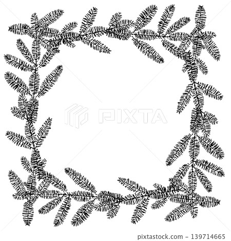 Christmas wreath with fir trees, monochrome, square frame, transparent background. Christmas wreath with fir trees, monochrome, square frame, transparent background. 139714665
