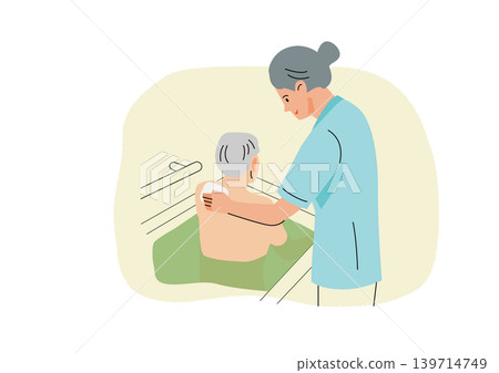 "Gentle Welfare and Care Vector Series": Female caregiver assisting with bathing "Gentle Welfare and Care Vector Series": Female caregiver assisting with bathing 139714749