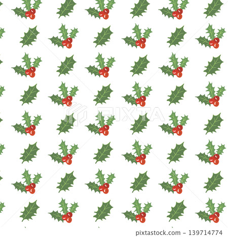 Seamless holly leaf pattern background, vertical and horizontal grid arrangement, Christmas material, transparent background. 139714774