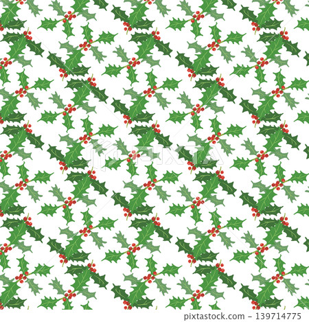 Dense diagonal seamless pattern background of holly branches - Christmas material - transparent background 139714775
