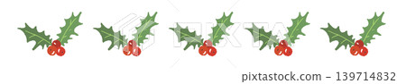 Dense holly branch and leaf line border, botanical material, transparent background Dense holly branch and leaf line border, botanical material, transparent background 139714832