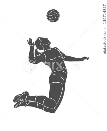 A silhouette of a female volleyball player in a dynamic jump during a game. The athlete is depicted hitting or serving the ball overhead. A silhouette of a female volleyball player in a dynamic jump during a game. The athlete is depicted hitting or serving the ball overhead. 139714837