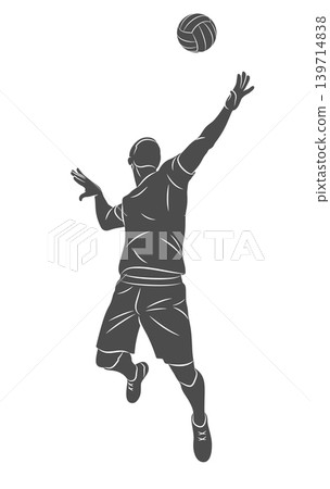 A silhouette of a volleyball player in a dynamic jump during a game. The athlete is depicted hitting or serving the ball overhead. Vector illustration A silhouette of a volleyball player in a dynamic jump during a game. The athlete is depicted hitting or serving the ball overhead. Vector illustration 139714838