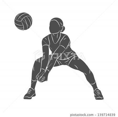 A silhouette of a female volleyball player in a defensive stance for a low return of the ball in volleyball, emphasizing her readiness to parry a serve or attacking shot. Vector illustration A silhouette of a female volleyball player in a defensive stance for a low return of the ball in volleyball, emphasizing her readiness to parry a serve or attacking shot. Vector illustration 139714839