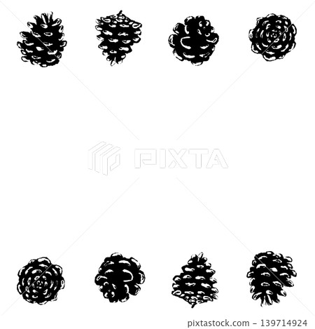 Pine cone top and bottom border monochrome frame decorative illustration with transparent background 139714924
