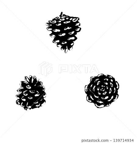 Pine cone set of 3, monochrome illustration material, botanical background transparent. Pine cone set of 3, monochrome illustration material, botanical background transparent. 139714934