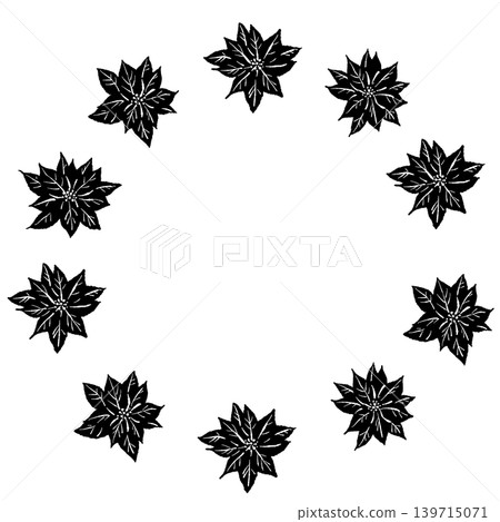 Monochrome poinsettia wreath illustration in a round frame with transparent Christmas background. 139715071