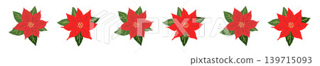 Poinsettia illustration with large red flowers and evenly spaced line border decoration, transparent background. 139715093