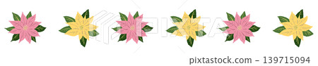 Poinsettia illustration with pink and yellow mixed line border decoration, transparent background. Poinsettia illustration with pink and yellow mixed line border decoration, transparent background. 139715094