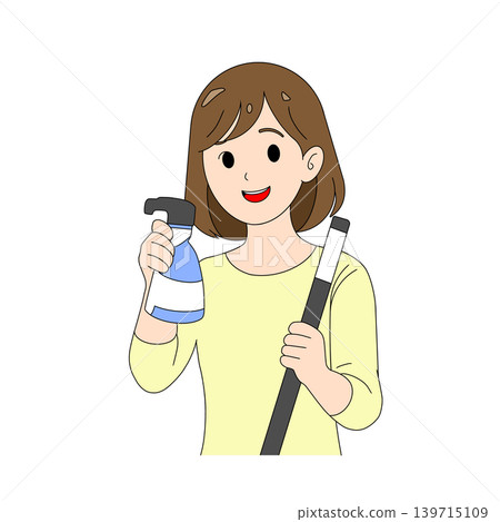 Illustration of a woman holding cleaning supplies Illustration of a woman holding cleaning supplies 139715109