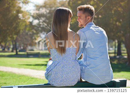 Park, love and relax couple smile for outdoor sunshine, wellness and romantic date in nature. Happy, commitment and back of man, woman or people bonding together with care for relationship partner Park, love and relax couple smile for outdoor sunshine, wellness and romantic date in nature. Happy, commitment and back of man, woman or people bonding together with care for relationship partner 139715125