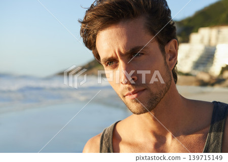 Man, beach and thinking by the sea for travel, summer vacation and mindfulness in nature for memory. Adventure, thoughtful with day dreaming outdoor and tourism on tropical island for wellness Man, beach and thinking by the sea for travel, summer vacation and mindfulness in nature for memory. Adventure, thoughtful with day dreaming outdoor and tourism on tropical island for wellness 139715149