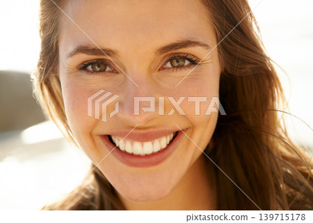 Portrait, smile and woman on beach at sunset for travel, tropical vacation or island holiday closeup. Face, summer and nature with happy young tourist outdoor on coast by sea or ocean in paradise Portrait, smile and woman on beach at sunset for travel, tropical vacation or island holiday closeup. Face, summer and nature with happy young tourist outdoor on coast by sea or ocean in paradise 139715178