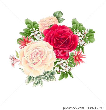 Watercolor illustration of a bouquet of delicate roses and other flowers, hand-drawn. Watercolor illustration of a bouquet of delicate roses and other flowers, hand-drawn. 139715199