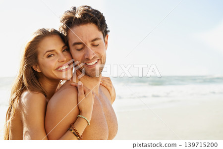 Beach, travel and couple hug with love, care and support, trust and bonding in nature together. Space, face and happy people embrace at sea for mockup, adventure and summer, vacation or Miami holiday 139715200