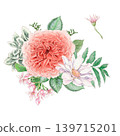 Watercolor illustration of a bouquet of delicate roses and other flowers, hand-drawn. 139715201