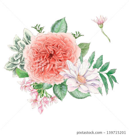 Watercolor illustration of a bouquet of delicate roses and other flowers, hand-drawn. Watercolor illustration of a bouquet of delicate roses and other flowers, hand-drawn. 139715201