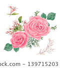 Watercolor illustration of a bouquet of delicate roses and other flowers, hand-drawn. 139715203