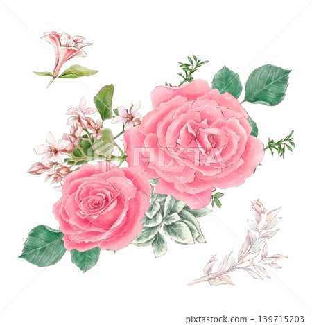 Watercolor illustration of a bouquet of delicate roses and other flowers, hand-drawn. Watercolor illustration of a bouquet of delicate roses and other flowers, hand-drawn. 139715203