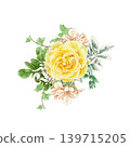 Watercolor illustration of a bouquet of delicate roses and other flowers, hand-drawn. 139715205