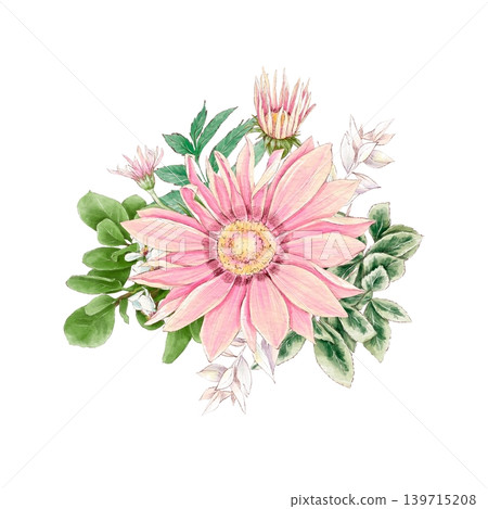 Watercolor illustration of a bouquet of delicate daisy and other flowers, hand-drawn. Watercolor illustration of a bouquet of delicate daisy and other flowers, hand-drawn. 139715208