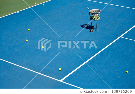 Floor, empty or tennis balls on court for training, outdoor exercise or competitive match in summer. Workout, background or sport for health or fitness with equipment on the ground ready for a game Floor, empty or tennis balls on court for training, outdoor exercise or competitive match in summer. Workout, background or sport for health or fitness with equipment on the ground ready for a game 139715209