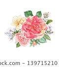 Watercolor illustration of a bouquet of delicate roses and other flowers, hand-drawn. 139715210
