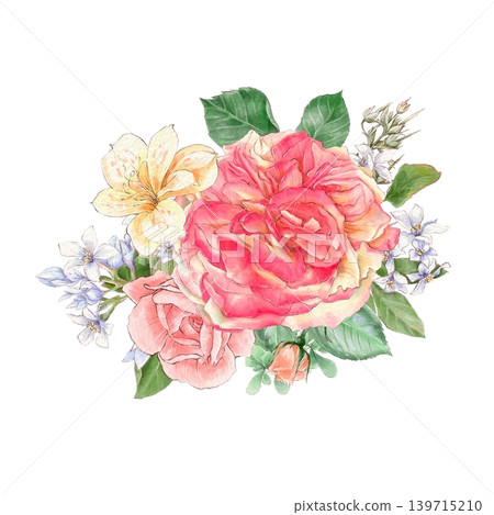 Watercolor illustration of a bouquet of delicate roses and other flowers, hand-drawn. Watercolor illustration of a bouquet of delicate roses and other flowers, hand-drawn. 139715210