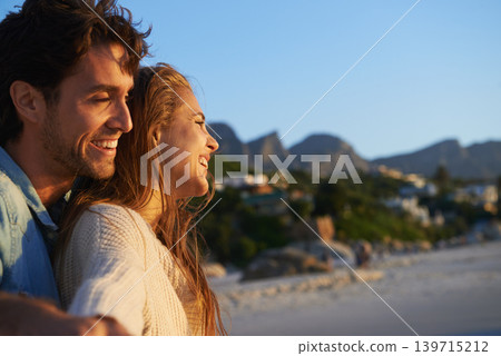 Happy, love and young couple at beach on vacation, adventure or holiday for valentines day. Smile, travel and man and woman by ocean or sea for tropical weekend trip on romantic anniversary date. 139715212
