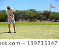 Sport, man and golf on grass outdoor for playing, performance and game with fitness and wellness. Athlete, mature person and golfer with club, ball and exercise on field for recreation, hobby and fun 139715347