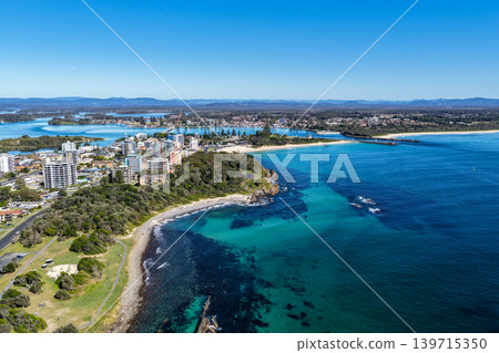 Aerial view of Wallis Lake in Forster NSW Australia. Drone photograph captures the expansive lake system, clear waterways and surrounding coastal landscape 139715350