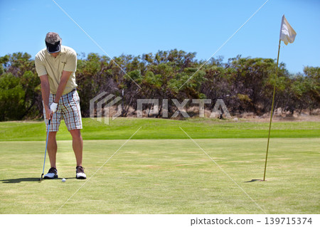 Sport, man and golfer on course outdoor for playing, performance or game with fitness or wellness. Athlete, mature person or golf with club, ball or exercise on grass for recreation, workout or hobby Sport, man and golfer on course outdoor for playing, performance or game with fitness or wellness. Athlete, mature person or golf with club, ball or exercise on grass for recreation, workout or hobby 139715374
