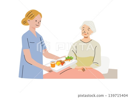 "Gentle Welfare and Care Vector Series": Elderly woman receiving meal assistance "Gentle Welfare and Care Vector Series": Elderly woman receiving meal assistance 139715404