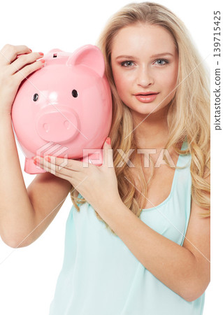 Woman, piggy bank and finance or portrait in studio with cash investment, financial growth or wealth. Person, money box and budget or banking for increase or income on white background with smile Woman, piggy bank and finance or portrait in studio with cash investment, financial growth or wealth. Person, money box and budget or banking for increase or income on white background with smile 139715425