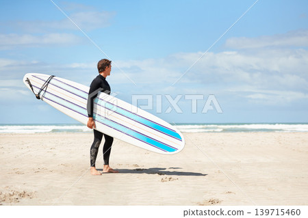 Surfing, thinking and man with surfboard on beach for water sports training, wellness and fitness by ocean. Nature, sky and person with mockup space for adventure on holiday, vacation or hobby by sea Surfing, thinking and man with surfboard on beach for water sports training, wellness and fitness by ocean. Nature, sky and person with mockup space for adventure on holiday, vacation or hobby by sea 139715460