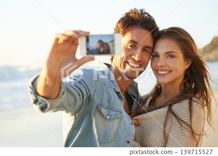 Couple, selfie and hug with smile at beach for memory on vacation with care, love and bonding in summer. Man, woman and tropical holiday with photography, profile picture and post on social network 139715527