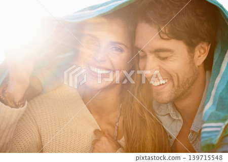 Couple, towel cover head and outdoor with smile, care and embrace for holiday in summer sunshine. Man, woman and portrait with bonding, happy and relax with love with tourism, vacation and break Couple, towel cover head and outdoor with smile, care and embrace for holiday in summer sunshine. Man, woman and portrait with bonding, happy and relax with love with tourism, vacation and break 139715548