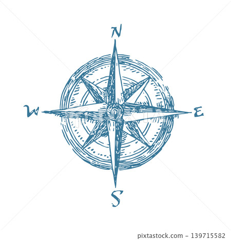 Wind Rose Compass Nautical Emblem Vector Illustration in Vintage Engraving Ink Style 139715582