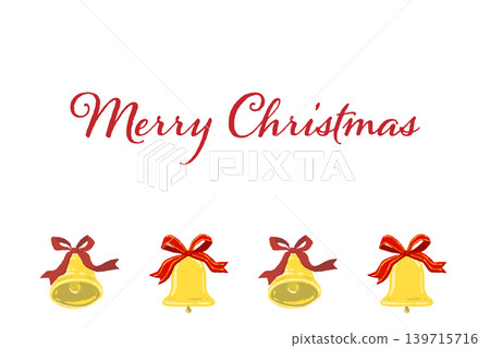 Horizontal Christmas card template with a red ribbon and bell bottom border decoration, transparent background. Horizontal Christmas card template with a red ribbon and bell bottom border decoration, transparent background. 139715716