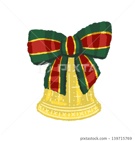 A single illustration of a bell with a green striped ribbon pattern, transparent background. A single illustration of a bell with a green striped ribbon pattern, transparent background. 139715769