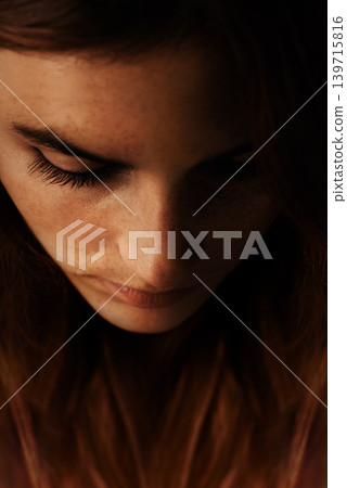 Woman, beauty and thinking face with salon, lash extension and makeup with treatment in studio. Closeup, cosmetics and female person with mascara, eyelash lift with freckles and dark background 139715816