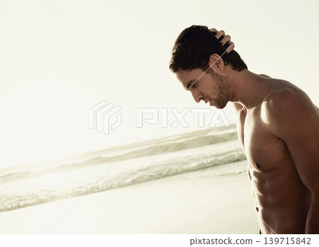 Beach, muscular body and relax man with outdoor wellness, fresh air and nature on travel holiday in Argentina. Mockup space, ocean shore and profile of shirtless person on vacation in tropical island Beach, muscular body and relax man with outdoor wellness, fresh air and nature on travel holiday in Argentina. Mockup space, ocean shore and profile of shirtless person on vacation in tropical island 139715842