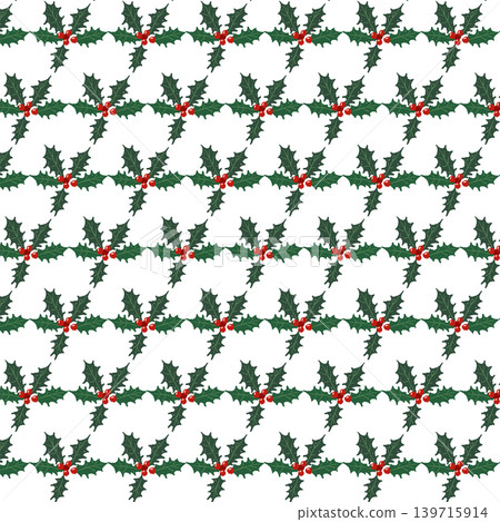 經典的無縫圖案背景插圖，描繪了冬青和紅色漿果。透明背景。 139715914