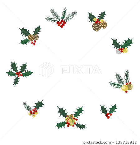 Christmas ornaments and holly wreath, round frame illustration, transparent background. 139715918