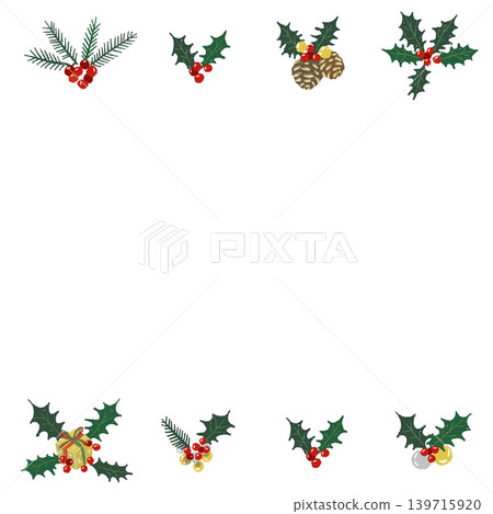 Christmas ornament and holly top and bottom border frame decoration illustration with transparent background 139715920