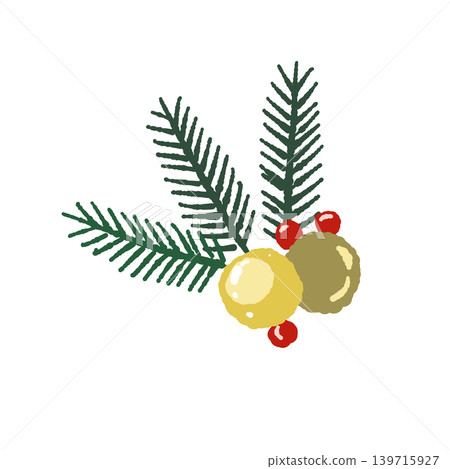 Pine branch and ornament decoration (single illustration, transparent background) 139715927