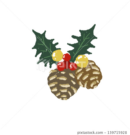 Holly, pine cone, and ornament decoration (single illustration, transparent background) 139715928