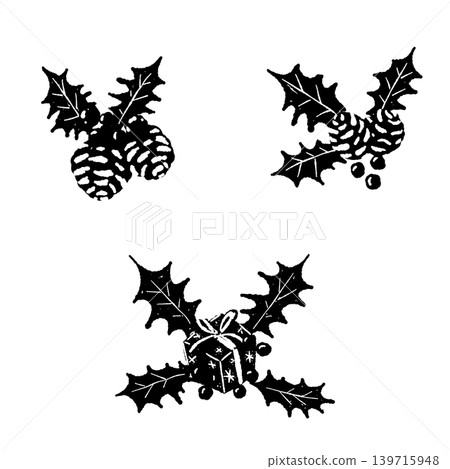 A monochrome mixed illustration set of Christmas decorations (holly, pine cones, presents) with transparent background. A monochrome mixed illustration set of Christmas decorations (holly, pine cones, presents) with transparent background. 139715948